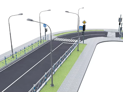 Urban Road Facilities With Street Lamps Traffic Lights Zebra Crossing Guardrails And Sidewalks 3d model