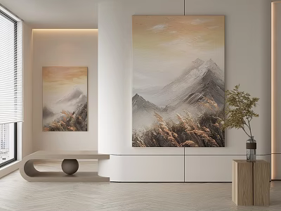 Abstract Paintings With Mountain Elements Yellow Gray Tones In Modern Interior Space With Natural Plants 3d model