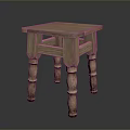 Vintage Wooden Small Table With Square Tabletop And Carved Column Legs