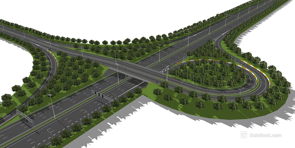 Modern Road Infrastructure with Multi Lane Interchange Greenery and Street Lights 3d model 