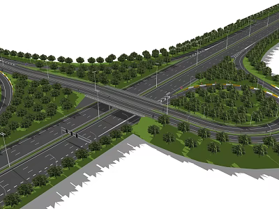 Modern Road Infrastructure with Multi Lane Interchange Greenery and Street Lights 3d model