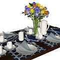 Elegant White Dinnerware Set with Blue White Placemats and Flower Arrangement on Dining Table 3d model