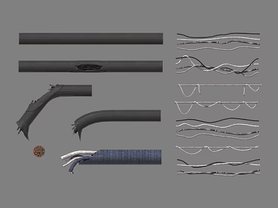 Black White Lines Curves Broken Tubular Objects With Various Shapes And Small Red Circle 3d model