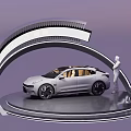 DP Device Showcasing LYNKCO Car On Curved Display Platform With Human Figure Model