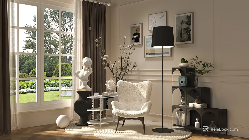 Elegant Modern Living Room Interior With White Armchair Floor Lamp Wall Paintings And Garden View 3d model 