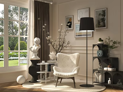 Elegant Modern Living Room Interior With White Armchair Floor Lamp Wall Paintings And Garden View 3d model