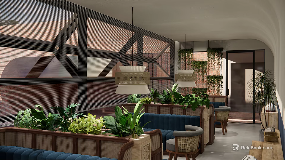 Modern Café Interior Design With Green Plants Blue Banquette And Woven Pendant Lights 3d model 