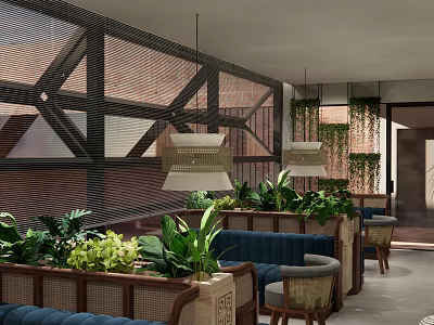 Modern Café Interior Design With Green Plants Blue Banquette And Woven Pendant Lights 3d model