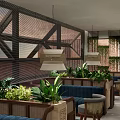 Modern Café Interior Design With Green Plants Blue Banquette And Woven Pendant Lights