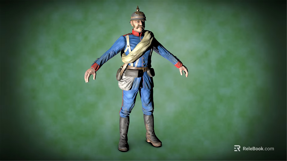 Military Character In Blue Uniform With Sash Bag Standing Against Green Background 3d model 