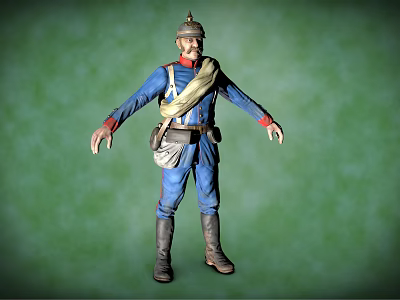Military Character In Blue Uniform With Sash Bag Standing Against Green Background 3d model