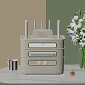 White Multi Layer Storage Shelf with Router White Flowers Mug and Gold Decor