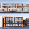 Modern Contemporary School Building Exterior With Large Glass Windows Orange And Gray Walls