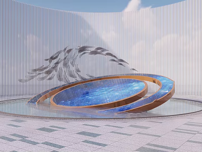 Dynamic Modern Sculpture With Circular Base Blue Water Pool And Flowing Gray Elements 3d model