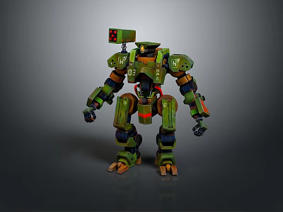 Game Movie Character Green Mecha Featuring Orange Black Details And Back Red Mark Device 3d model