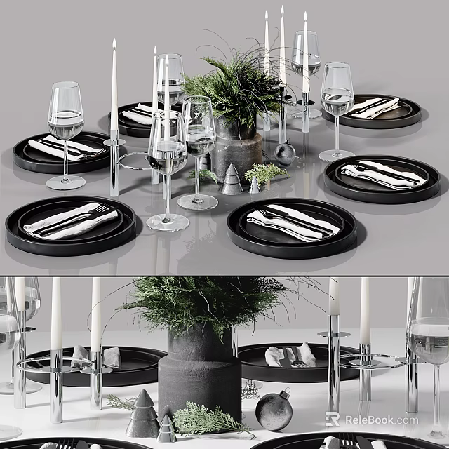 Modern Tableware Set with Black Plates Stainless Steel Cutlery Wine Glasses Candles and Green Foliage 3d model 