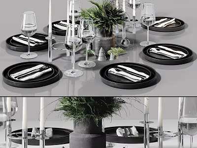 Modern Tableware Set with Black Plates Stainless Steel Cutlery Wine Glasses Candles and Green Foliage 3d model