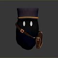Cartoon Black Creature With Purple Hat Yellow Band Brown Bag And White Eyes