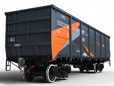 Black Railway Freight Car With Orange Accents And Metal Cargo Structure 3d model