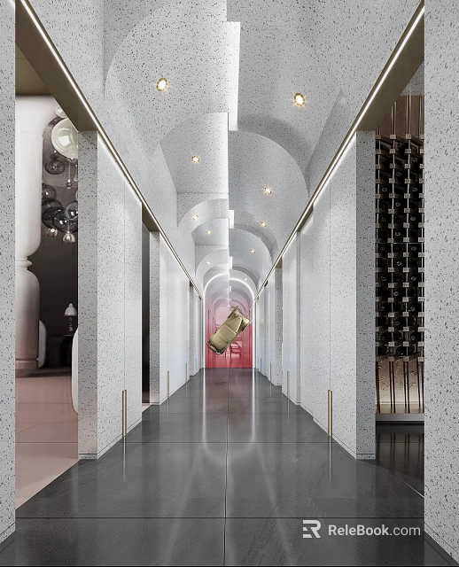 Elegant Modern Elevator Hallway With Arched Ceiling Lighting White Walls And Wine Rack 3d model 