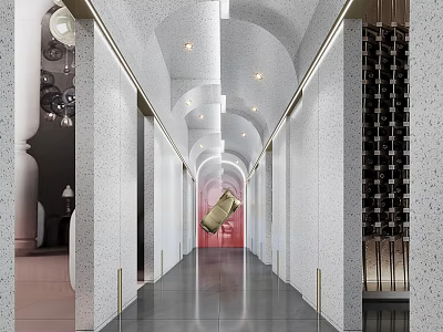 Elegant Modern Elevator Hallway With Arched Ceiling Lighting White Walls And Wine Rack 3d model