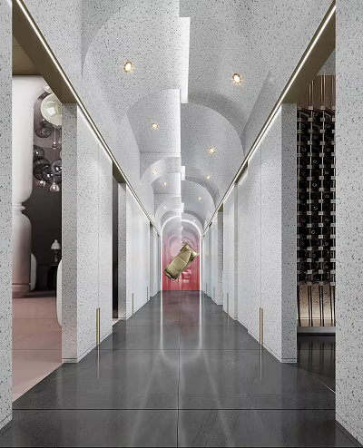 Elegant Modern Elevator Hallway With Arched Ceiling Lighting White Walls And Wine Rack 3d model