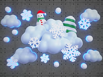 Winter Christmas Decorative Scene With Floating Clouds Snowflakes And Snowman Wearing Santa Hat 3d model