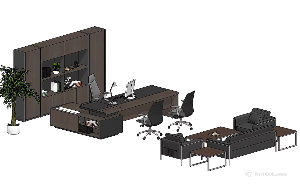 Modern Dark Office Desk With Chairs Sofa Coffee Table Cabinet Plant Computer And Lamp 3d model 