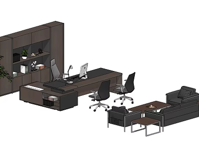 Modern Dark Office Desk With Chairs Sofa Coffee Table Cabinet Plant Computer And Lamp 3d model