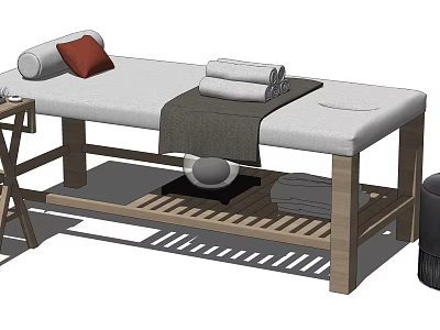 Comfortable Massage Bed With Soft Mat Red Pillow Folded Towels Wooden Frame And Storage Shelf 3d model