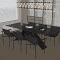 Modern Black Dining Table Set With Glass Top Black Chairs Hanging Light And Glass Cabinet
