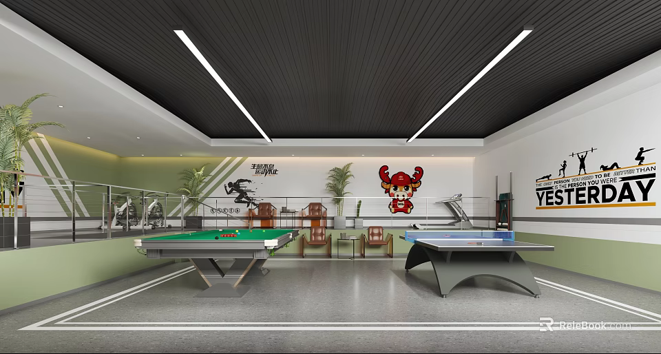 Indoor Sports Fitness Space With Pool Table Ping Pong Table Treadmill Plants And Cartoon Wall Decor 3d model 