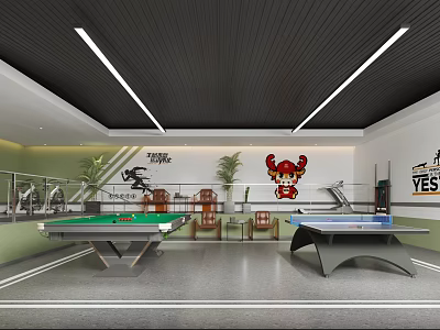 Indoor Sports Fitness Space With Pool Table Ping Pong Table Treadmill Plants And Cartoon Wall Decor 3d model