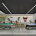 Indoor Sports Fitness Space With Pool Table Ping Pong Table Treadmill Plants And Cartoon Wall Decor