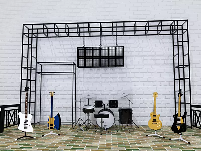 Musical Instruments Display With Guitars Drum Set And Metal Frame On Colorful Tiled Floor 3d model