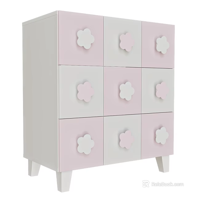 Pink And White Entryway Cabinet Sideboard With Flower Shaped Drawer Decorations 3d model 