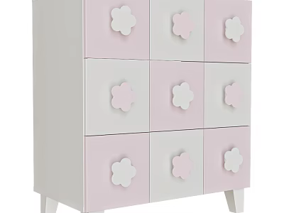 Pink And White Entryway Cabinet Sideboard With Flower Shaped Drawer Decorations 3d model