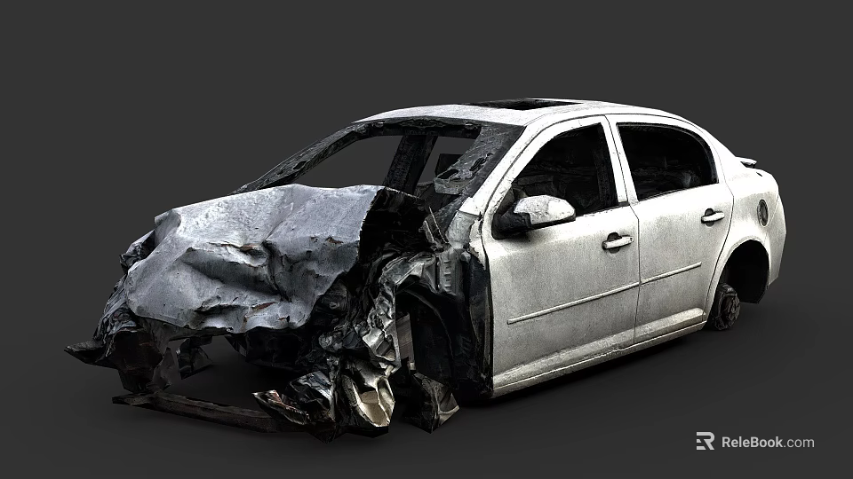 Severely Damaged White Sedan With Crushed Front End After Accident 3d model 