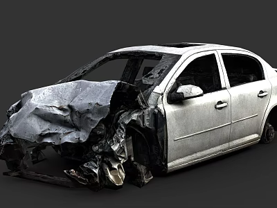 Severely Damaged White Sedan With Crushed Front End After Accident 3d model