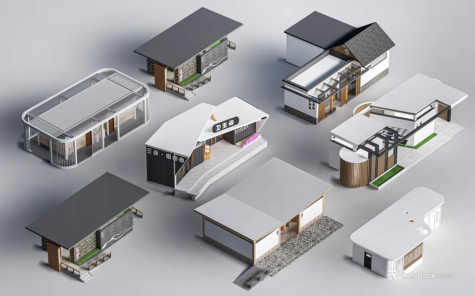 Public Toilets With Diverse Architectural Designs Modern Traditional Styles And Greenery Elements 3d model 