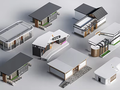Public Toilets With Diverse Architectural Designs Modern Traditional Styles And Greenery Elements 3d model