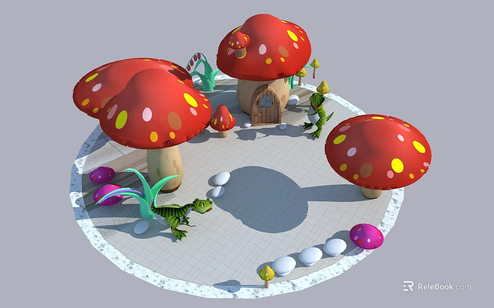 Cartoon Scene With Red Spotted Mushrooms Small House Green Lizards And Colorful Eggs 3d model 