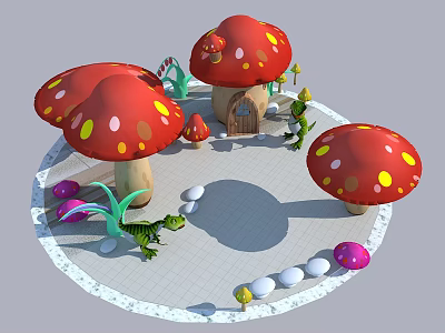 Cartoon Scene With Red Spotted Mushrooms Small House Green Lizards And Colorful Eggs 3d model