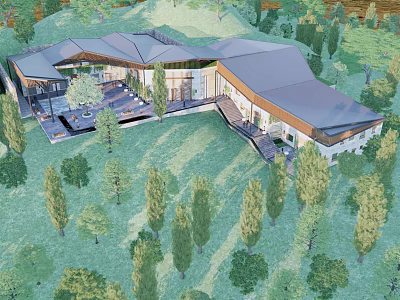 Modern Guesthouse Building With Sloped Roof And Open Terrace Surrounded by Lush Green Trees 3d model