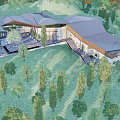 Modern Guesthouse Building With Sloped Roof And Open Terrace Surrounded by Lush Green Trees