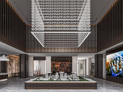 Modern Sales Office Interior With Crystal Ceiling Sand Table Model Wooden Walls And Large Screen 3d model