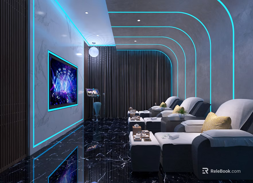 Modern SPA Sauna Interior Design With Comfortable Loungers Blue Ambient Lighting And Marble Flooring 3d model 