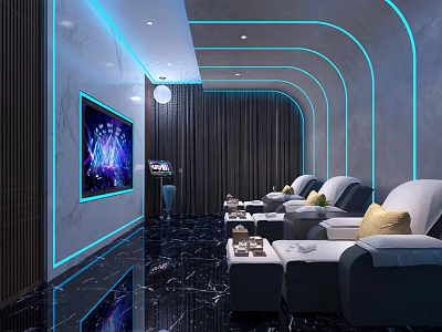 Modern SPA Sauna Interior Design With Comfortable Loungers Blue Ambient Lighting And Marble Flooring 3d model