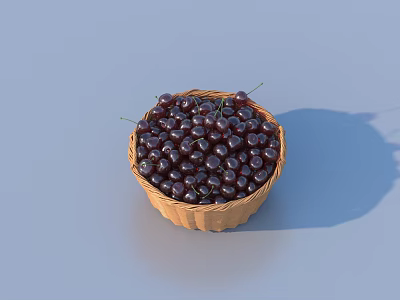 Fresh Dark Cherries in a Wicker Basket on Light Blue Background 3d model