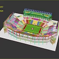 Multi Tiered Sports Stadium Architecture with Red Seats Green Turf and Solar Panel Roof